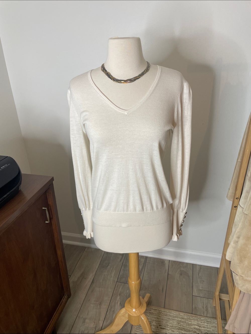Ralph Lauren Cream V-Neck Sweater with Subtle Gold Trim